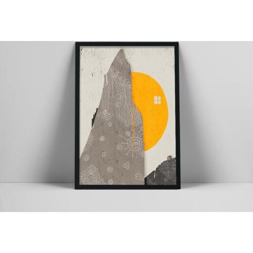 Gray Mountain, Yellow sun, Landscape Minimalist, Absract Collage, Contemporary wall art, Scandinavian style, Livingroom decor