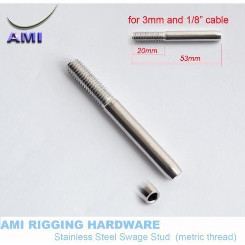 Swage Stud 3mm 1/8" Wire M6 Right Hand Thread 53mm Rope End terminal Stainless Steel 316 Rigging Fitting