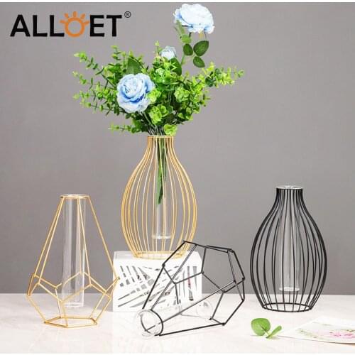 Iron Frame Vase Nordic Simple Retro Flower Stand Rack Plant Bottle Retro Hollow Transparent Plant Pot Holder Office Home Decorat