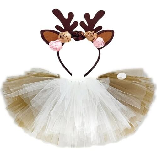 Christmas Deer Tutu Skirt for Girls Baby Reindeer Costume Kids Fluffy Brown Deer Skirt Halloween Purim Birthday Clothes Outfits