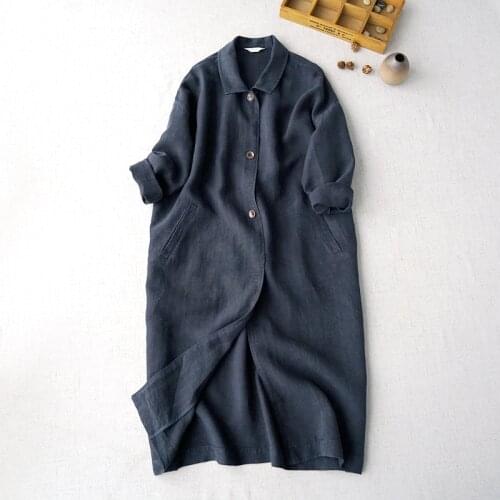 Womens clothing texture thick linen medium length windbreaker thin coat new fall simple loose cardigan 520