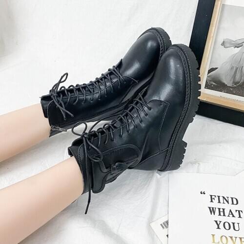 COOTELILI Women Boots Shoes Boots For Woman Lace Up And Zip Fashion Round Toe Black 3cm Heel Basic Botas Mujer Size 35-42