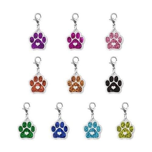 20,50)PCS/lot Sparkly Pet Cat Dog Bear Paw Print hang pendant charms with lobster clasp fit for diy pet collars keychains bag