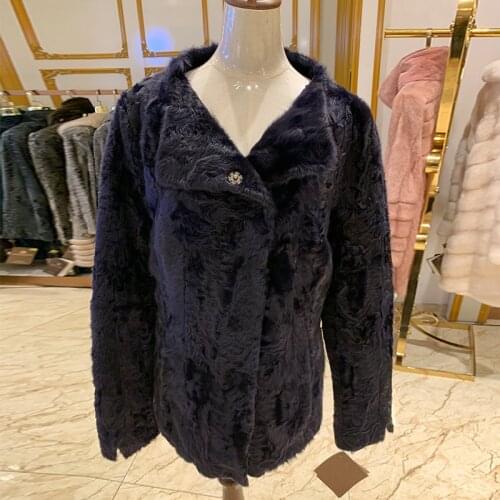 2020 Winter Casual Solid Karakul Sheep Fur Coat Women Long Sleeve Long Jacket Turn Down Collar Lamb Fur Coat Outerwear Fourrure