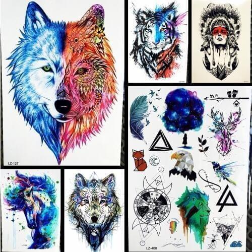 25Style Henna Flower Feather Wolf Watercolor Temporary Tattoo Stickers Women Men Body Art Arm Fake Flash Water Transfer Tattoo