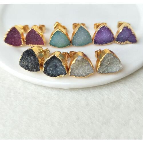 5 pairs 10mm triangle Drusy Gold color Natural stone Titanium Druzy Earrings Tiny Druzy Studs Gem stone Drusy Earring ER85