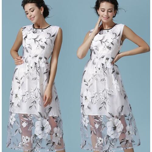 White color fashion brand Womens Eugen Yarn Dress Printed Sleeveless Fairy sexy women dress long sexy dress Women Elegant dress
