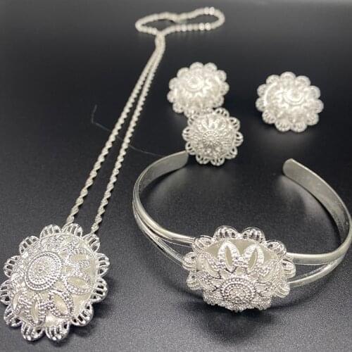 White Ethiopian Jewelry set for women ,Silver Color Pendants Sets, Necklaces, Bangle,Earrings, Ring, Habesha African Jewelry