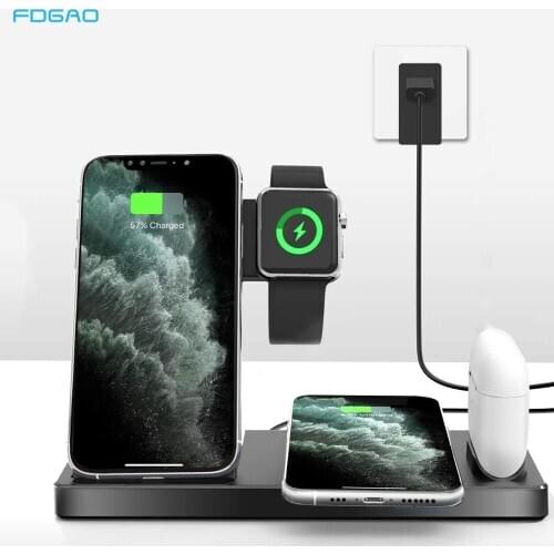 FDGAO 15W 4 in 1 Qi Wireless Charger Stand Fast Charging Dock Pad For iPhone 11 XS XR X 8 Plus Apple Watch 6 5 4 3 2 AirPods Pro
