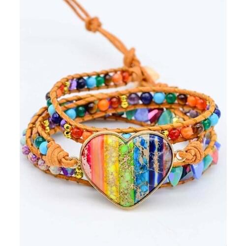 Love Shape Natural Stone Bracelets Emperor Stone 3 Strands Wrap Bracelets Colorful Chakra Jewelry Gifts