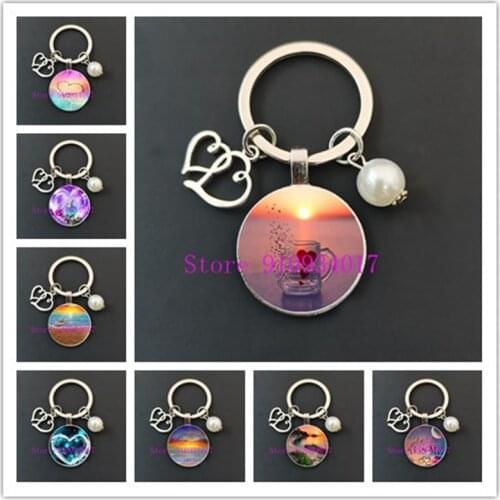 Valentines Day Sunrise Seaside Sunny Beach Cute Heart Round Glass Keychain Sunset Seaside Scenery Couple Jewelry Gift Keychain