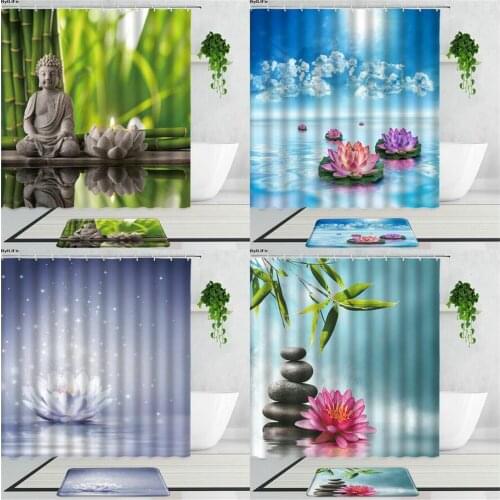Buddha Zen Stone Lotus Shower Curtains Green Bamboo Spa Meditation Home Decor Bathroom Accessories Bath Curtain Non-Slip Carpets