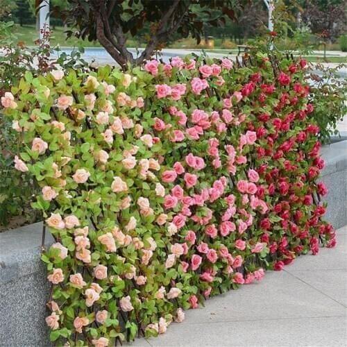 Wooden Hedge With Artificial Flowers Leaves Garden Decoration Screening Expanding Trellis Privacy Screen Retractable Fence