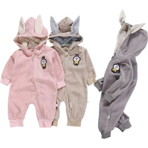 Newborn Kids Baby Boy Baby Girl Warm Infant Zipper Cotton Long Sleeve Romper Jumpsuit Bunny Ears Hoodies Clothes Outfit 0-18M