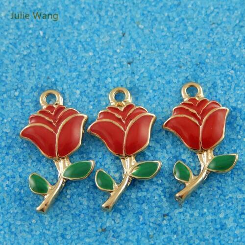 Julie Wang 20PCS Alloy Charm Gold Color Red Enamel Rose Pendant Suspension Charms Handmade Hanging Tops Necklace Accessory