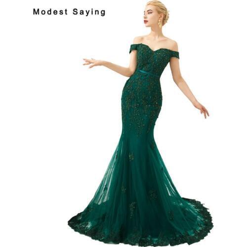Elegant Emerald Green Mermaid Beaded Lace Evening Dresses 2019 Off the Shoulder Engagement Party Prom Gowns vestido de festa