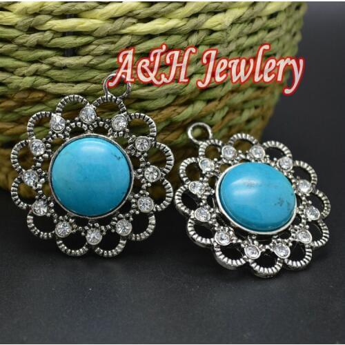 Natural Blue Howlite Inlay Alloy Flower Pendant CZ Beads Paved DIY Jewelry Making Materials 5pc/lot