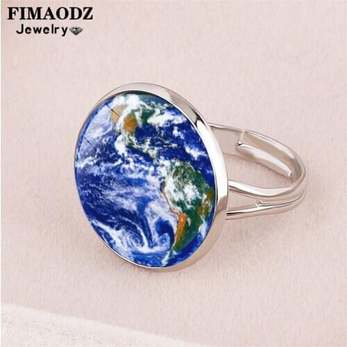 FIMAODZ Solar System Earth Ring Mars Mercury Jupiter Saturn Uranus Glass Dome Adjustable Rings Eight Planets Theme Jewelry Gift