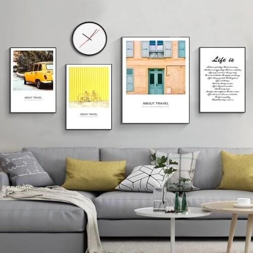 Nordique Jaune Voiture VéLo DéCoration Architecturale Peinture Paysage Mur Art Affiche Et Fille GarçOn DéCoration De La Maison