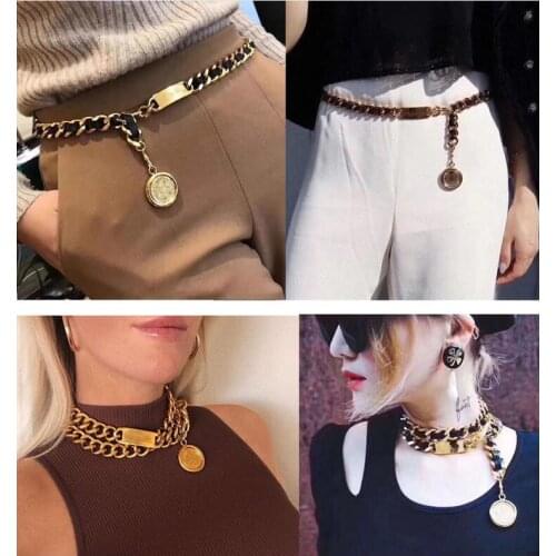 2021 New Arrival Copper 24K Gold Plated Leather Chain Metal Jeans Dress Waist Belt Chain Waistband Decorative Accessories