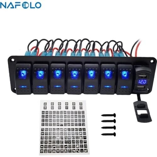 Marine Boat Rocker Switch Panel 8 Gang LED Rocker Switch Panel Kit 12V/24V Circuit Breaker Dual USB Slots light
