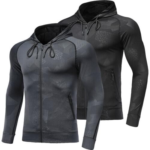 Mens Hooded Running Jacket Quick-Drying Fitness Gym Training Outdoors Bodybuilding Sweatshirt Jacket Black Sports Top