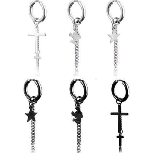 1PC Black/White Cross Titanium Steel Punk Men Earrings Four Pendant Patterns For Choose Simple Male Ear Buckle