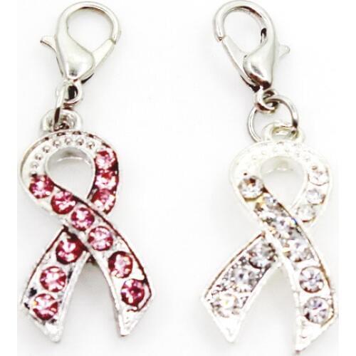 Hot Selling 10pcs/lot Mix Cancer Ribbon Crystal Dangle Charms Lobster Clasp DIY Bracelet Necklace Pendants Jewelry Hanging Charm
