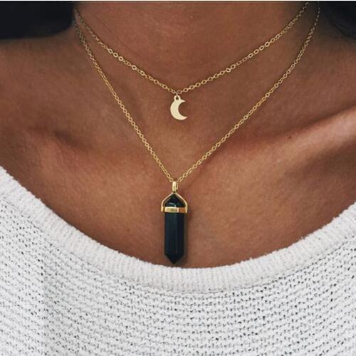 Wholesale Fashion Bohemia 1 PCS Natural Stone Moon Choker Gold Color Crystal Pendant Necklace For Women Wedding Party Gift