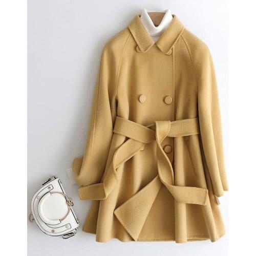 Casual Woman Yellow Black Loose Wool Coats with Belt 2021 Fashion Ladies Autumn Long Sleeve Thick Warm Coat Female Outwear Y482