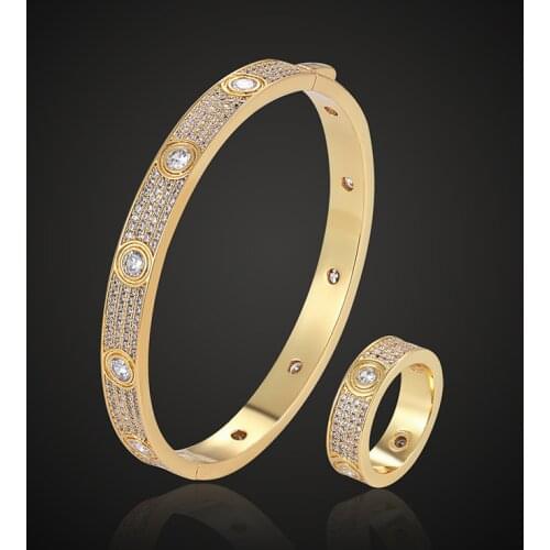 Fateama brand Luxury bangle and ring womens jewelry set all zirconium micro-inlaid big boulder in the middle Dubai gold jewelry