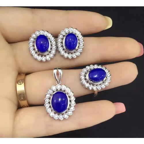Natural lapis lazuli gem jewelry sets natural gemstone ring Pendant Earrings 925 silver personality Elegant Luxury Flowers twist