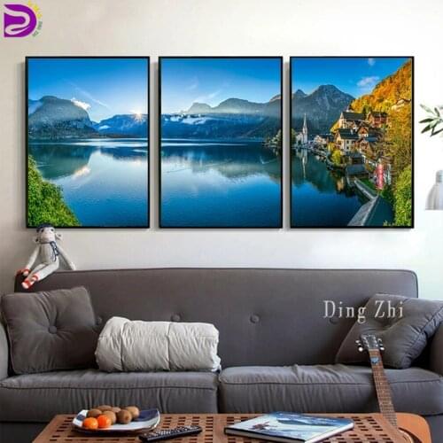 Triptych DIY Diamond Painting Dolomites Lake Village Nature Landscape Cross Stitch Diamond Mosaic Embroidery Modern 3 Piece Kit