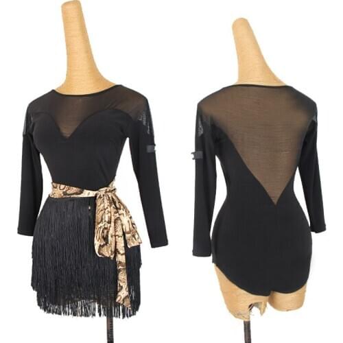 Latin Dance Round Neck Mesh Long Sleeve Tops For Women Adult Rumba Practice Jumpsuit Samba Cha Cha Tango Dance Clothes DQL5039