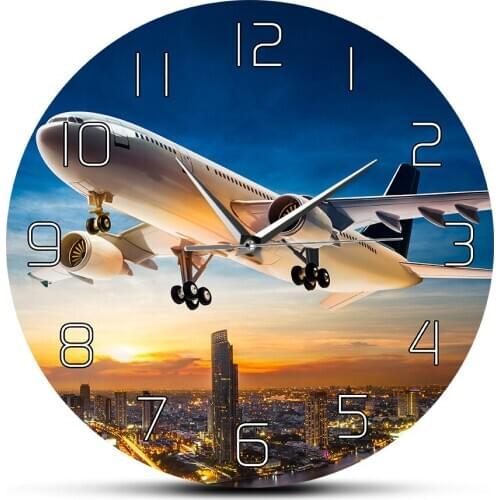 Air Jet Plane Flying Over City Skyline Modern Wall Clock Airplane Aeroplane Take Off Aviation Quiet Sweep Watch Clock