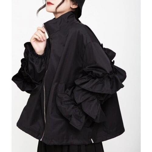 Autumn Spring New Clothing Women Jacket with Ruffles Sleeve Black Gothic Vintage Casual Loose Windbreak Warm Coat Female Tops