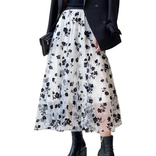 Women Patchwork Tulle Skirt Elastic High Waist Floral Printed Mesh Mid-Calf Skirt Girls Overlay Layered A-Line Skirt