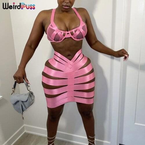 Weird Puss Two Piece Set Women Hollow Out Mesh Band Patchwork Summer Trend Beach Style Top+Skirt Skinny Matching Party Clubwear