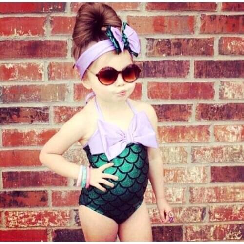 2-7Y Toddler Girls Mermaid Swimsuit with Headband Cartoon Halter Bowknot Fish Scales Bodysuit Bikini Summer Bathing Suit