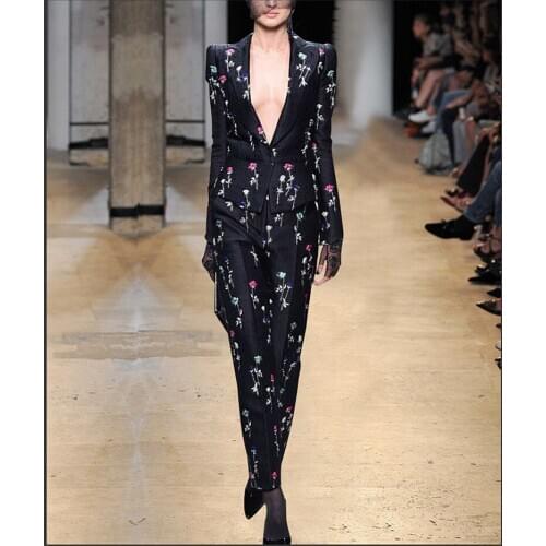 SeeOrange Sweet Autumn Embroidery Roses Suit Fashion Show Black Two Piece Sets Office Lady Deep V Neck Casual Pants Suits SO6377