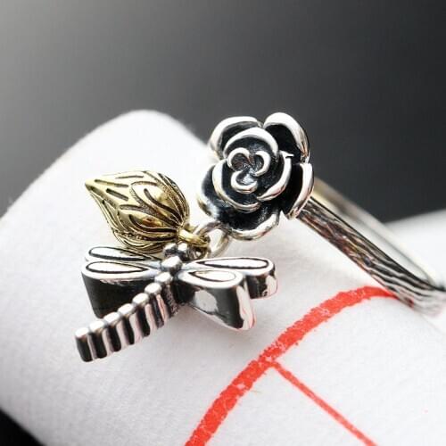 BOCAI New S925 pure Silver-Copper Combination Craft Ring For Women tassels dragonflies roses lotus ring females Silver Ring