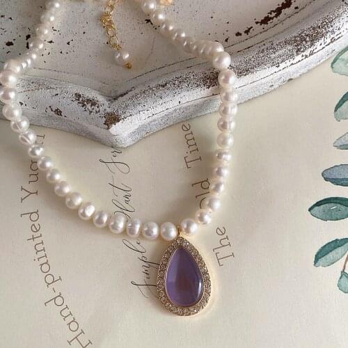 Retro Elegant Temperament Fresh Water Pearl Opal Rhinestone Inlaid Ladies Necklace Gift Accessories