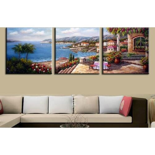 3 pieces Mediterranean landscape handpainted oil painting canvas wall art decor for living room wholesale is welcomed