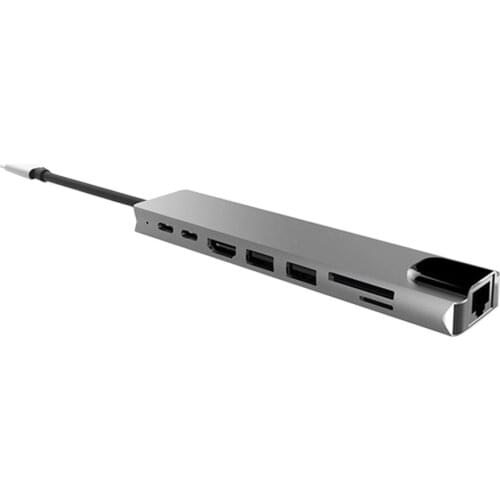 8 in 1 Aluminum Alloy USB-C Hub 4K 30HZ HD USB 3.0 Adapter Portable Laptop PD Charging SD &TF Card Reader RJ45 Converter