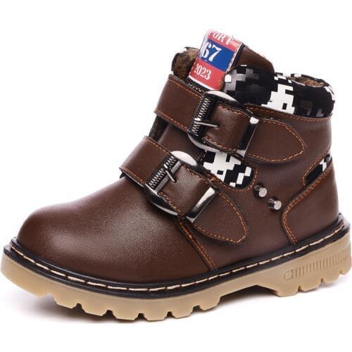 Boots Childrens Shoes Mother & Kids PU boys girls fashion genuine leather boots buckle strap flat with plush new winter shoes