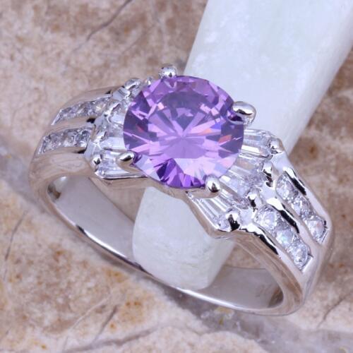 Valuable Purple Cubic Zirconia White CZ Silver Plated Stamped Fashion Ring Size 6 / 7 / 8 / 9 R0120