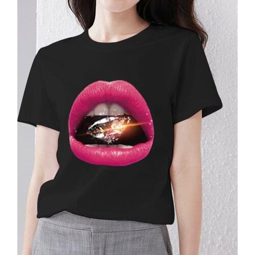 T-shirts Women All-match Black O-neck Short Sleeve Tops Harajuku Style Sexy Funny Lips Series Female Tee Shirt Ladies Clothes