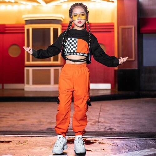Costumes Hip Hop pour filles, vêtements de danse de rue, pantalons Orange pour enfants, tenue de scène moderne pour enfants