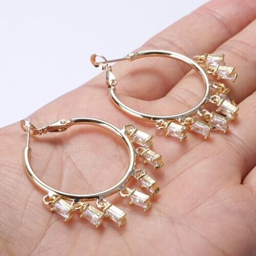 Multiple white rectangle glass crystal beads pendant charm gold big hoop earring for woman elegant daily jewelry wedding gift