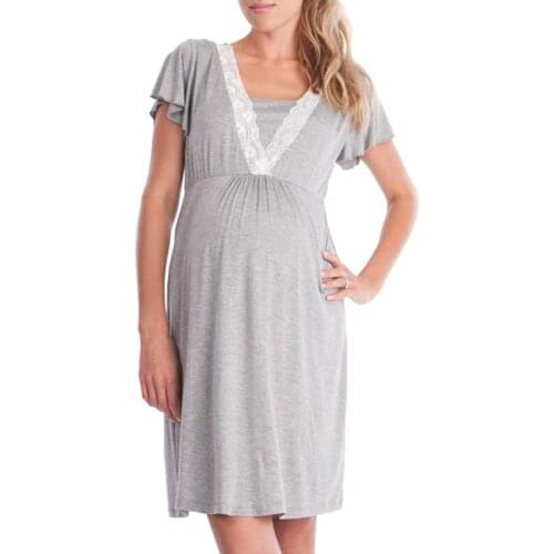 Maternity Clothes Home Casual Solid Color Lace Stitching Multifunctional Maternity Clothes Mother Breastfeeding Dress